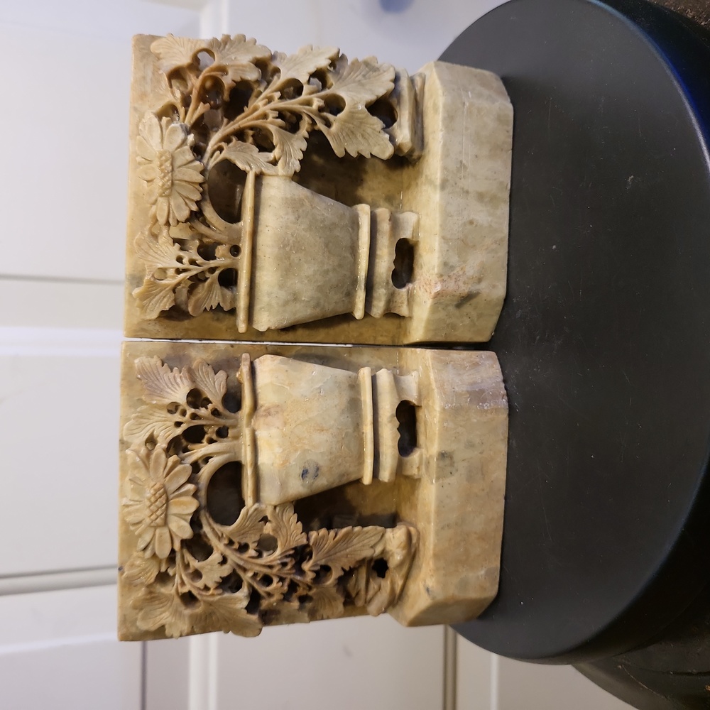 Vintage Chinese Soapstone Pair if Bookends with Flowers & Urns 5"